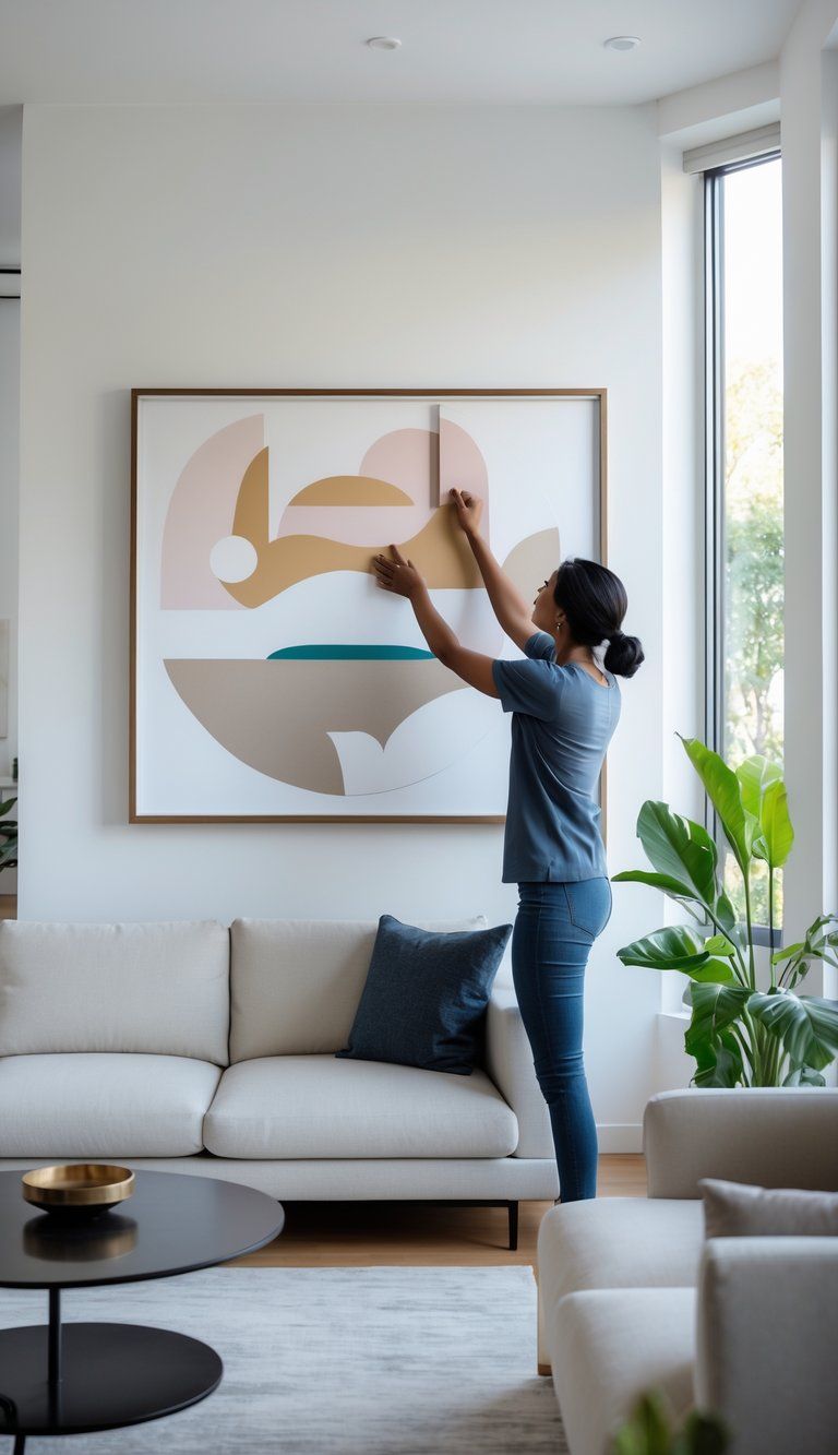 A person hanging a framed abstract painting on a white wall in a modern living room with a sofa, coffee table, and indoor plant.