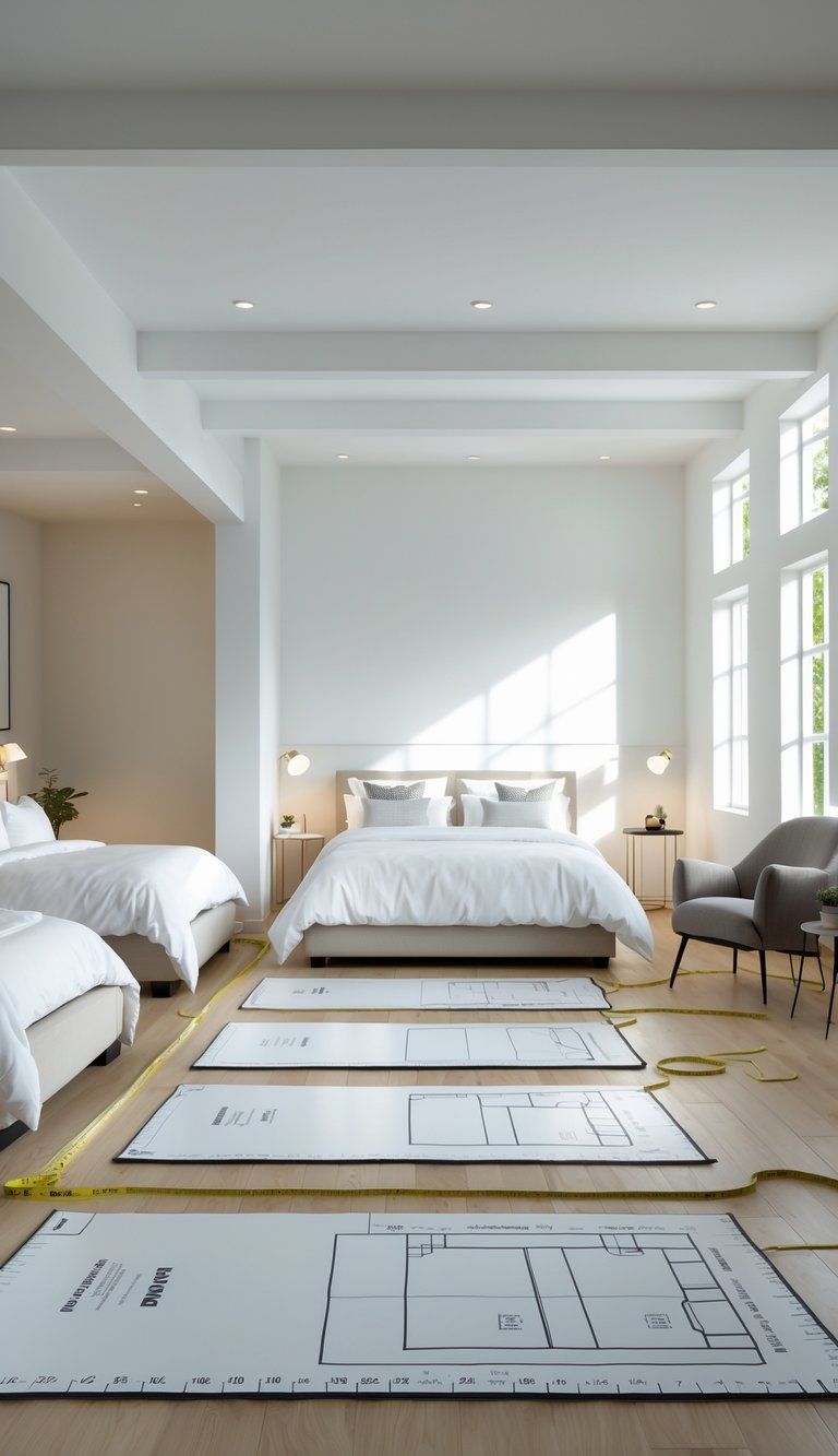 A bright bedroom with several different sized beds displayed side by side, showing options for choosing the right bed size.