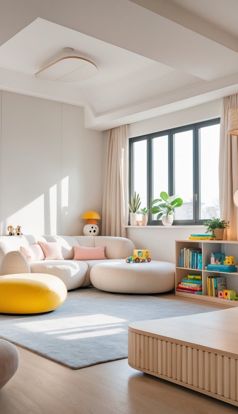 A bright, clean living room with comfortable furniture, soft pastel accents, and subtle playful elements like books and toys neatly arranged.