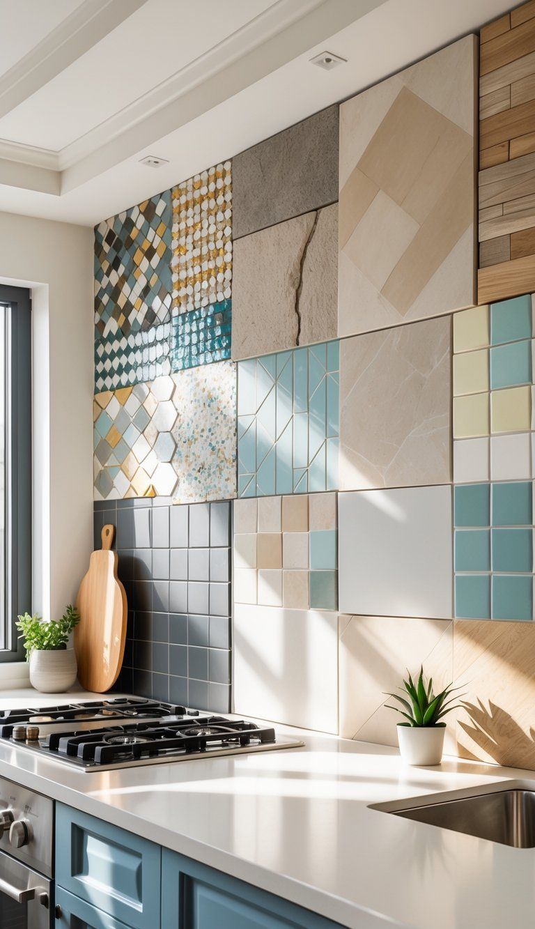 A kitchen wall displaying several different backsplash styles including mosaic tiles, stone slabs, hexagonal tiles, and wooden panels above a countertop with a stove and sink.