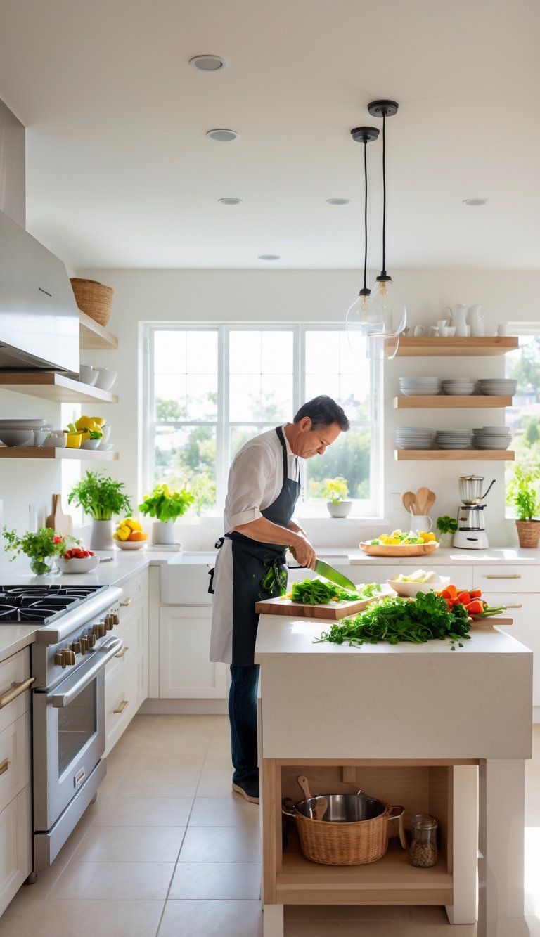 A person cooking in a modern kitchen with a spacious island, fresh ingredients, and stainless steel appliances.