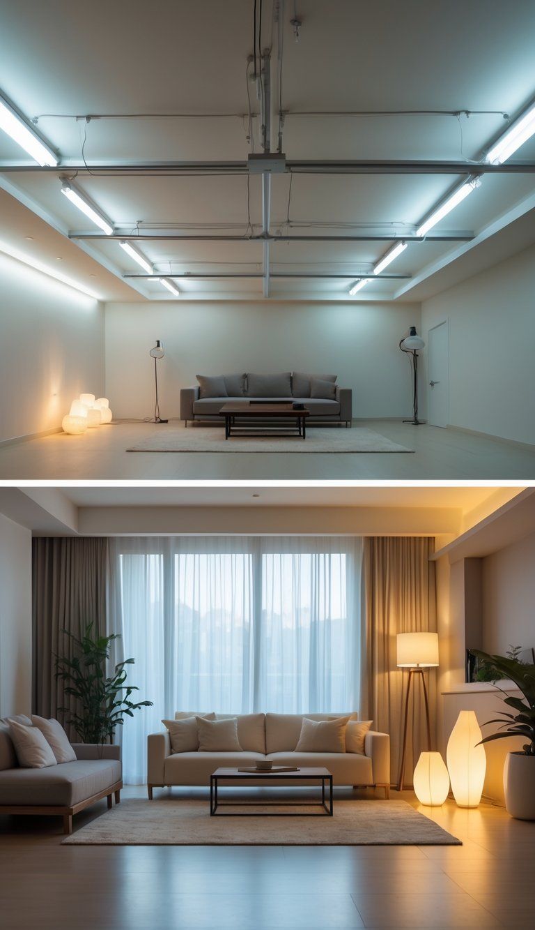 A living room showing harsh overhead lighting creating shadows and glare, next to the same room with warm, soft lighting creating a cozy atmosphere.