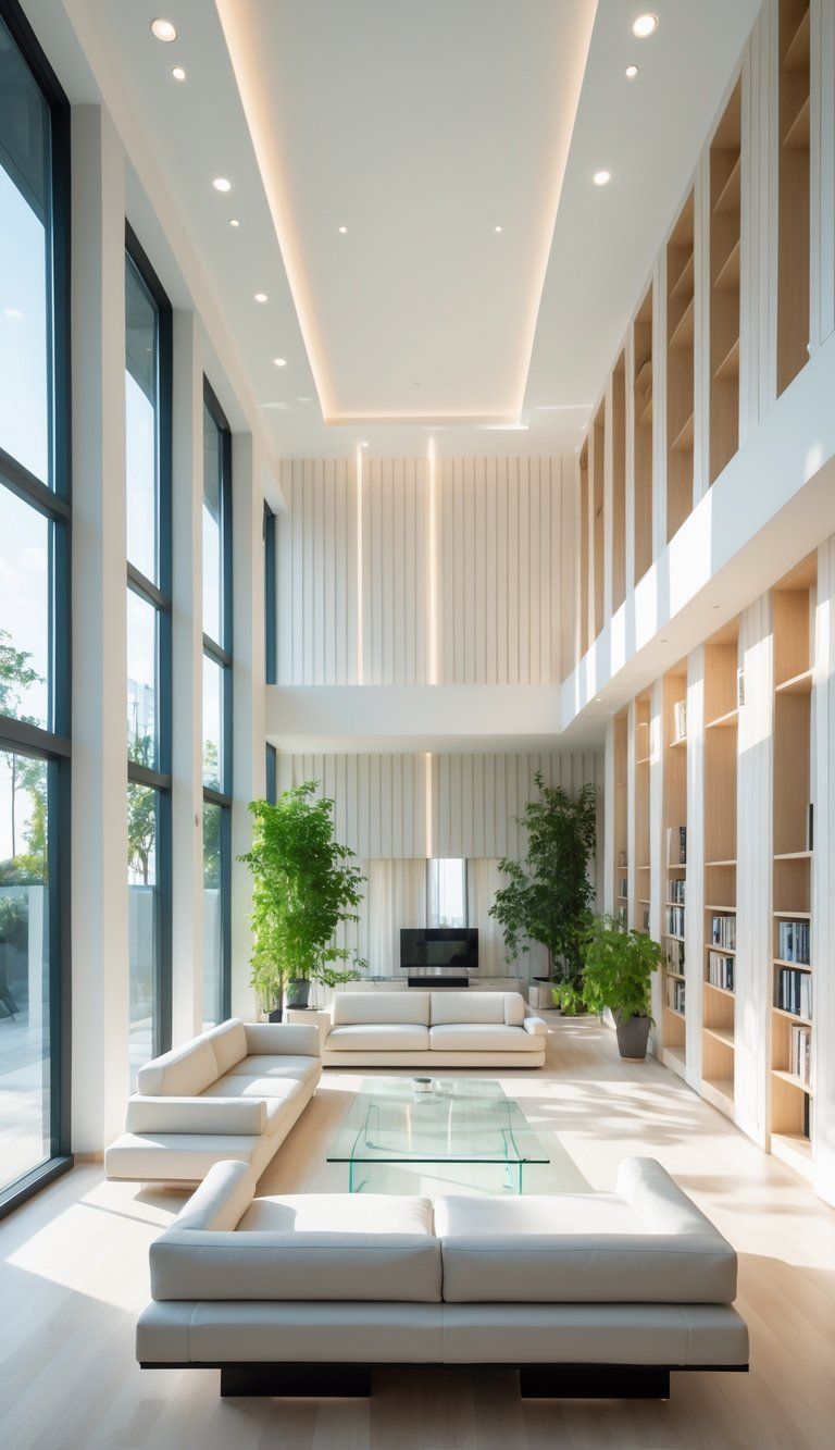A bright living room with a low ceiling, tall bookshelves, floor-to-ceiling curtains, and mirrors that create a spacious and airy feel.