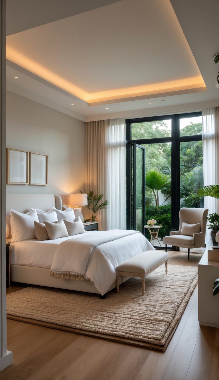 A spacious master bedroom with a large bed, soft linens, natural light from big windows, a reading nook with an armchair, and indoor plants.