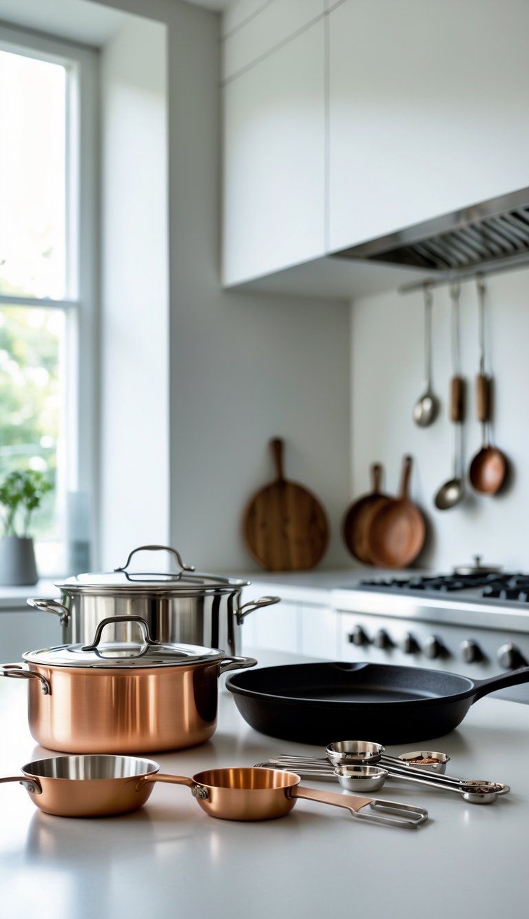 A kitchen countertop with stainless steel, copper, and cast iron cookware and utensils arranged together.