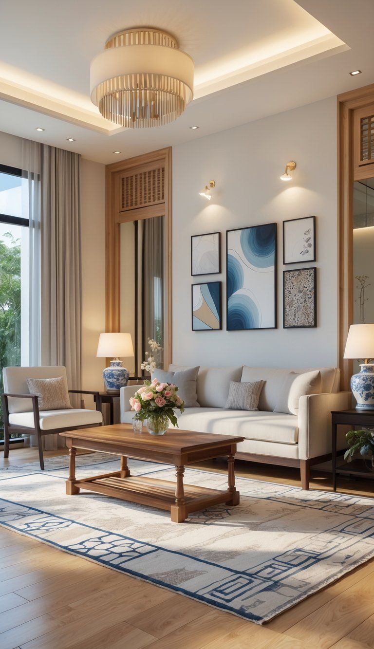 A bright living room with a sofa, coffee table, decorative vase, artwork on the wall, hardwood floor, and mixed lighting fixtures.