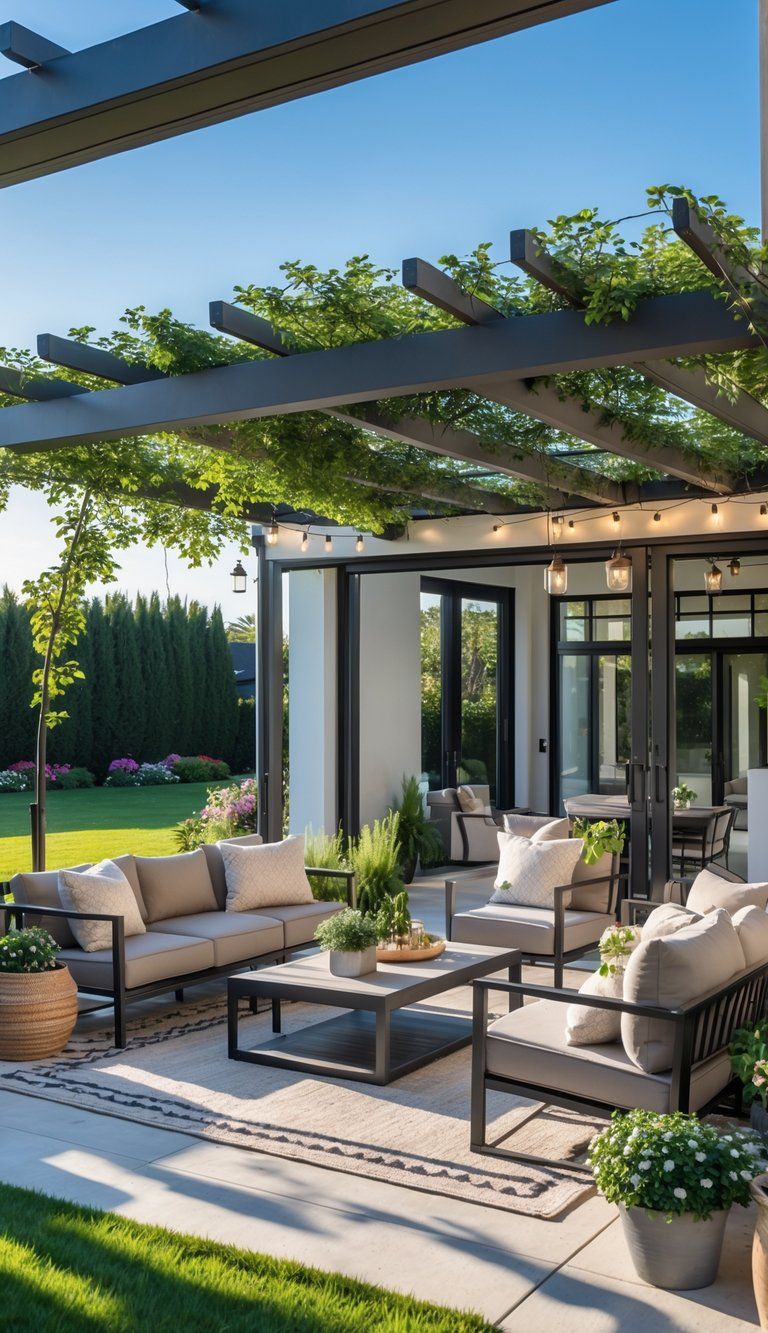 An outdoor patio connected to a house with comfortable seating, plants, and a pergola, creating an inviting living area.