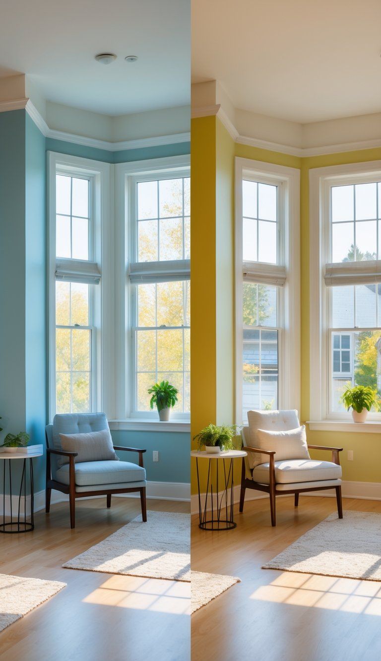 Four interior rooms side by side, each with different paint colors and natural light coming through windows from north, south, east, and west directions.