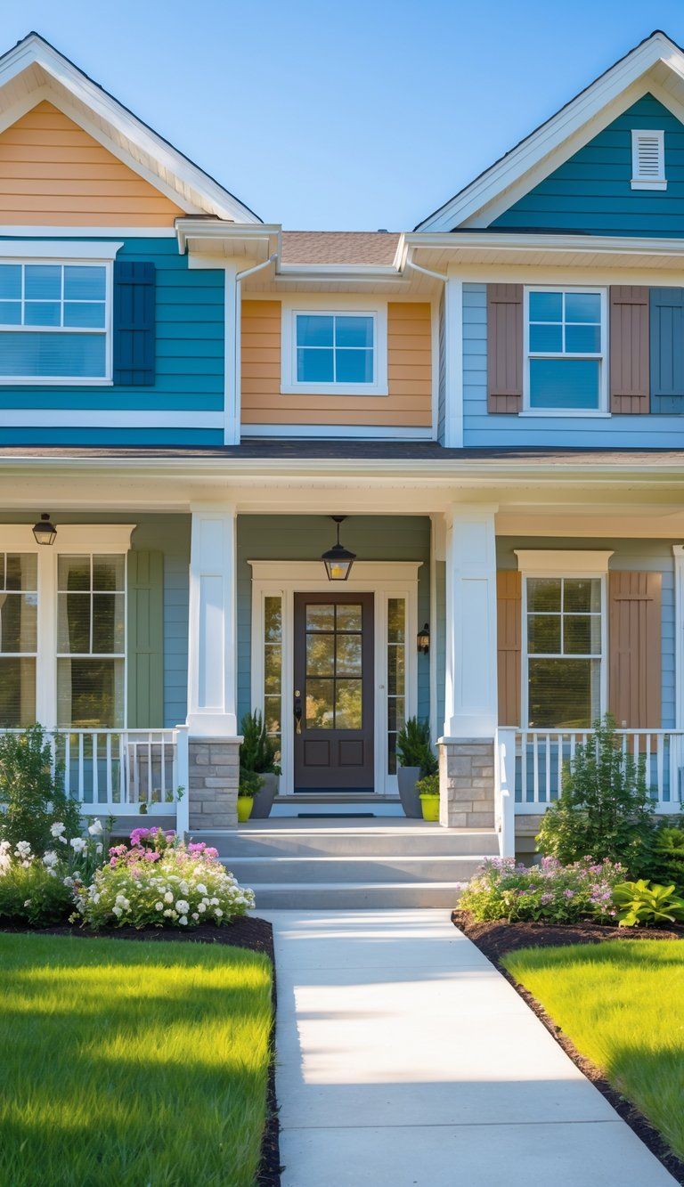 A residential house exterior with freshly painted walls, a neat front yard, and a clean walkway leading to the front door.