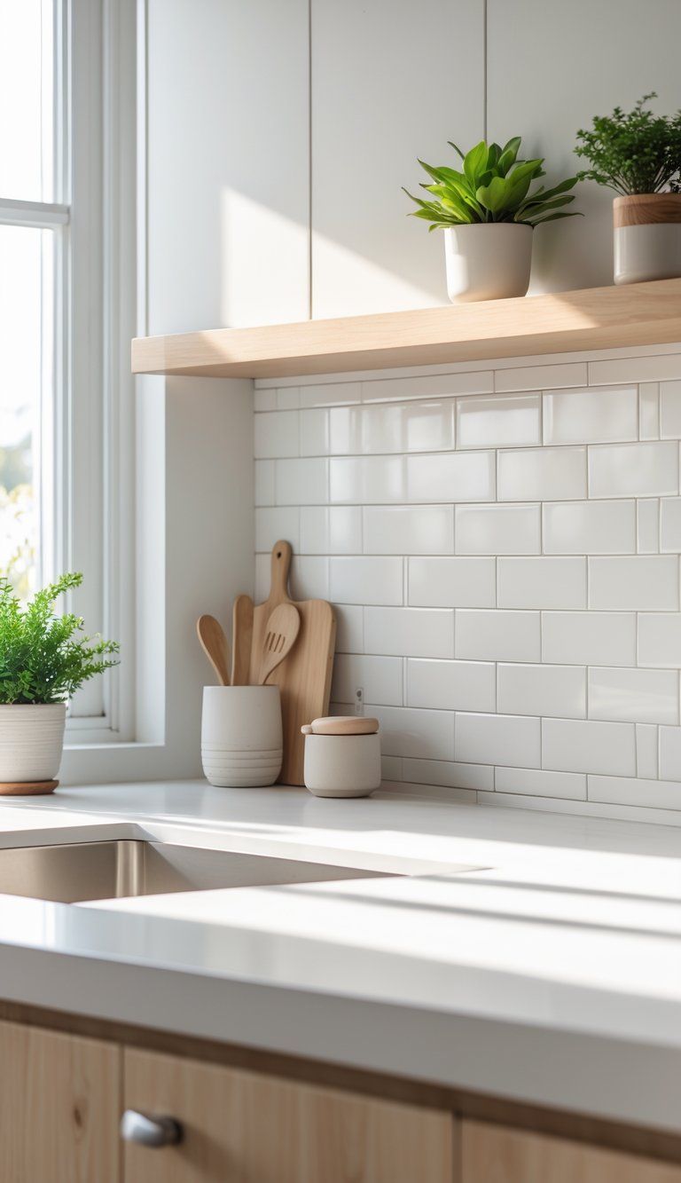 Close-up of a kitchen backsplash with white subway tiles, a wooden countertop, and kitchen utensils arranged neatly.
