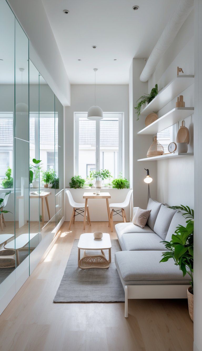 A small living room with light walls, large windows, mirrors, multifunctional furniture, floating shelves, and plants creating an open and spacious feel.
