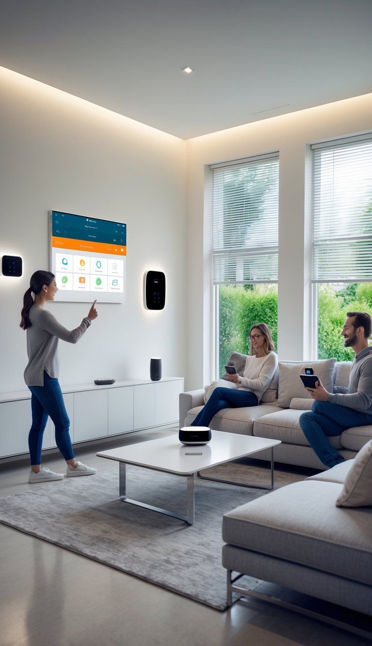A family in a modern living room using smart home devices like a touchscreen panel, smart speaker, and smartphone to control lighting, temperature, and blinds.