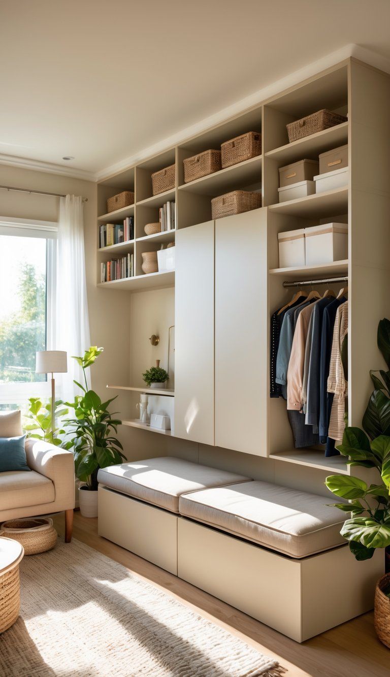 A modern living room with built-in shelves, storage bench, wall-mounted cabinet, and an open closet showing organized household items and clothes.