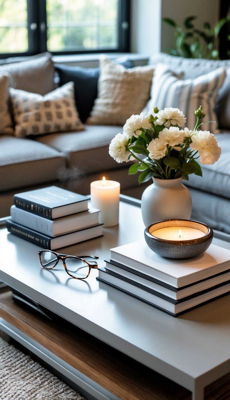 A coffee table arranged with books, a flower vase, a candle, and reading glasses in a living room.