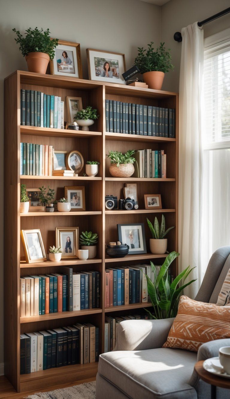 A wooden bookshelf filled with books, plants, framed photos, candles, and personal decorative items in a cozy living room corner.