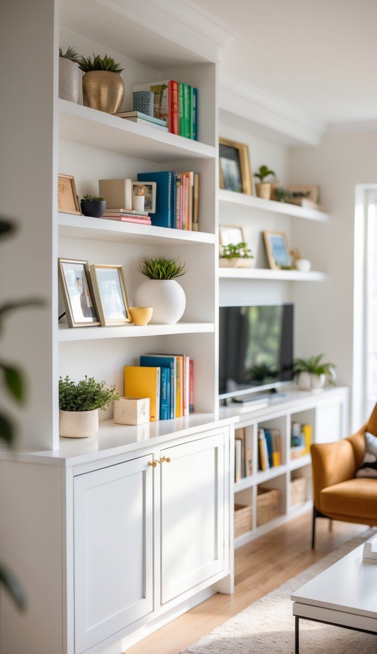 A living room with built-in and standalone bookshelves neatly arranged with books, plants, and decorative items.