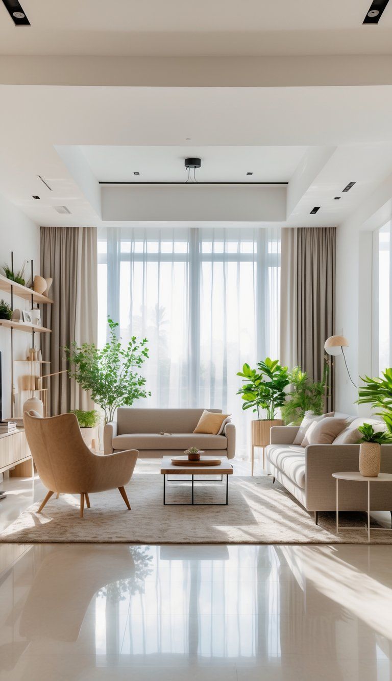 A well-arranged living room with a sofa, armchair, coffee table, rug, plants, and natural light from large windows.