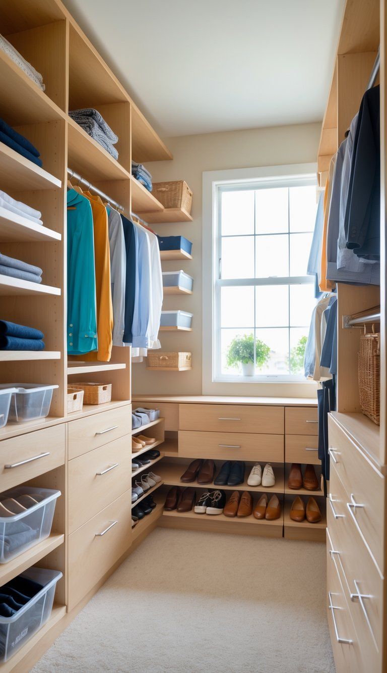 A well-organized walk-in closet with shelves, hanging clothes, storage bins, shoe racks, and drawers arranged neatly.