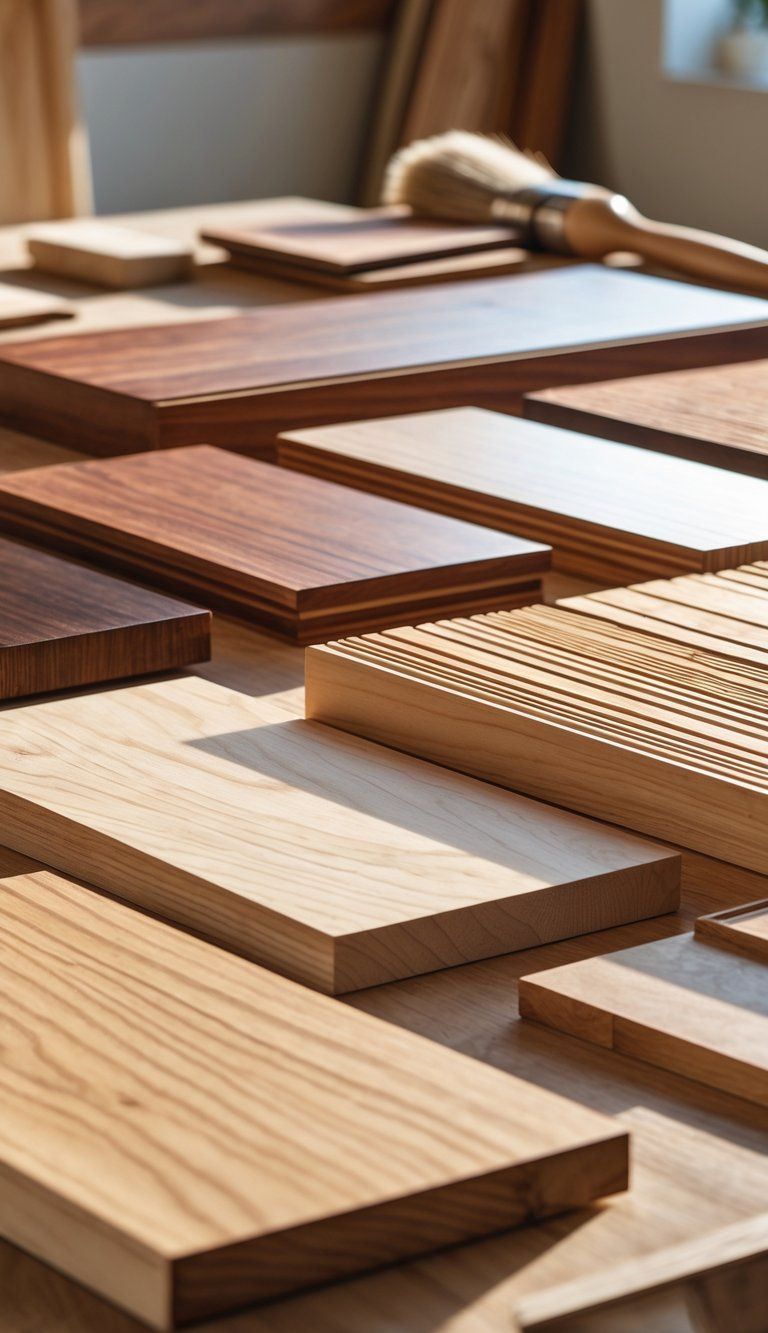 Close-up view of various wooden samples showing different wood finishes arranged on a wooden table with woodworking tools nearby.
