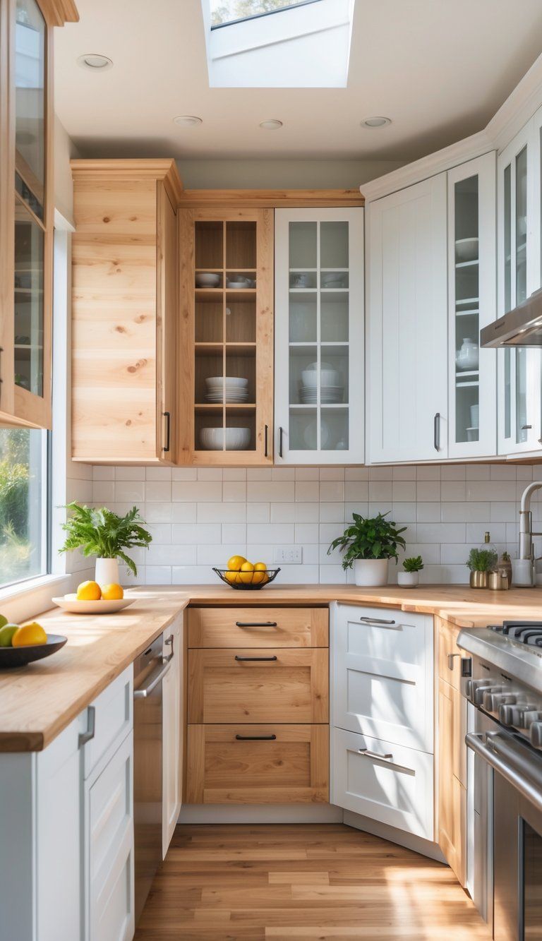 A modern kitchen interior with various cabinets, a countertop with fruit and a plant, and stainless steel appliances.