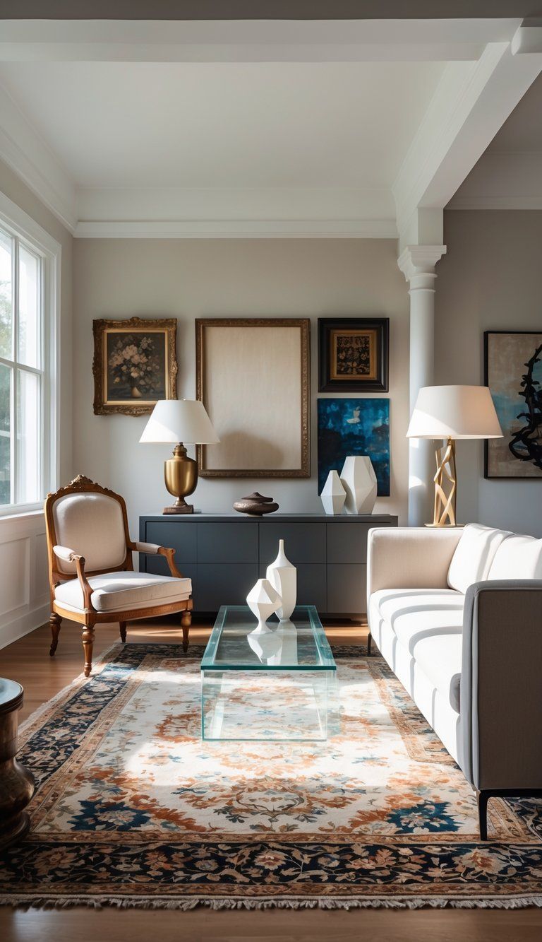 A living room with a mix of vintage and modern furniture, including a wooden armchair, glass coffee table, sofa, and decorative items.