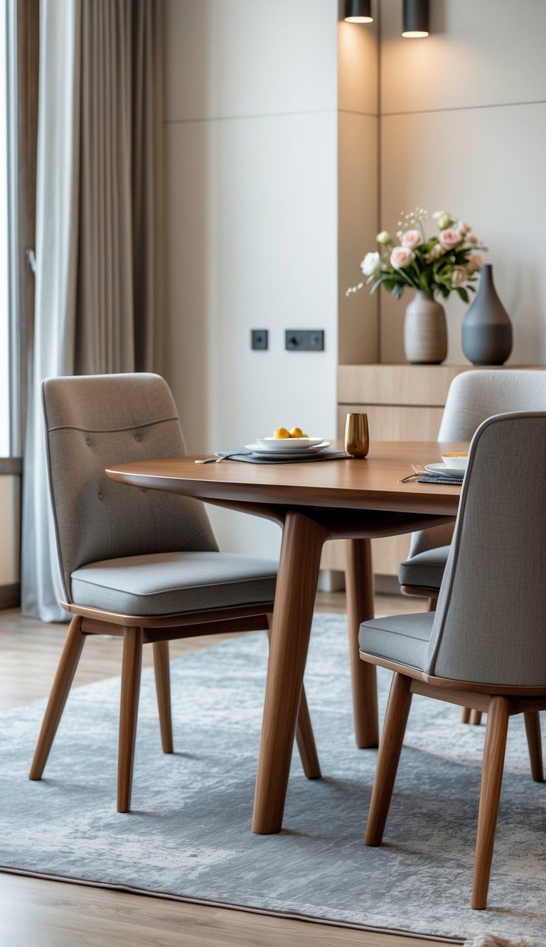 A dining table with matching chairs arranged in a bright room with natural light and simple decorations.