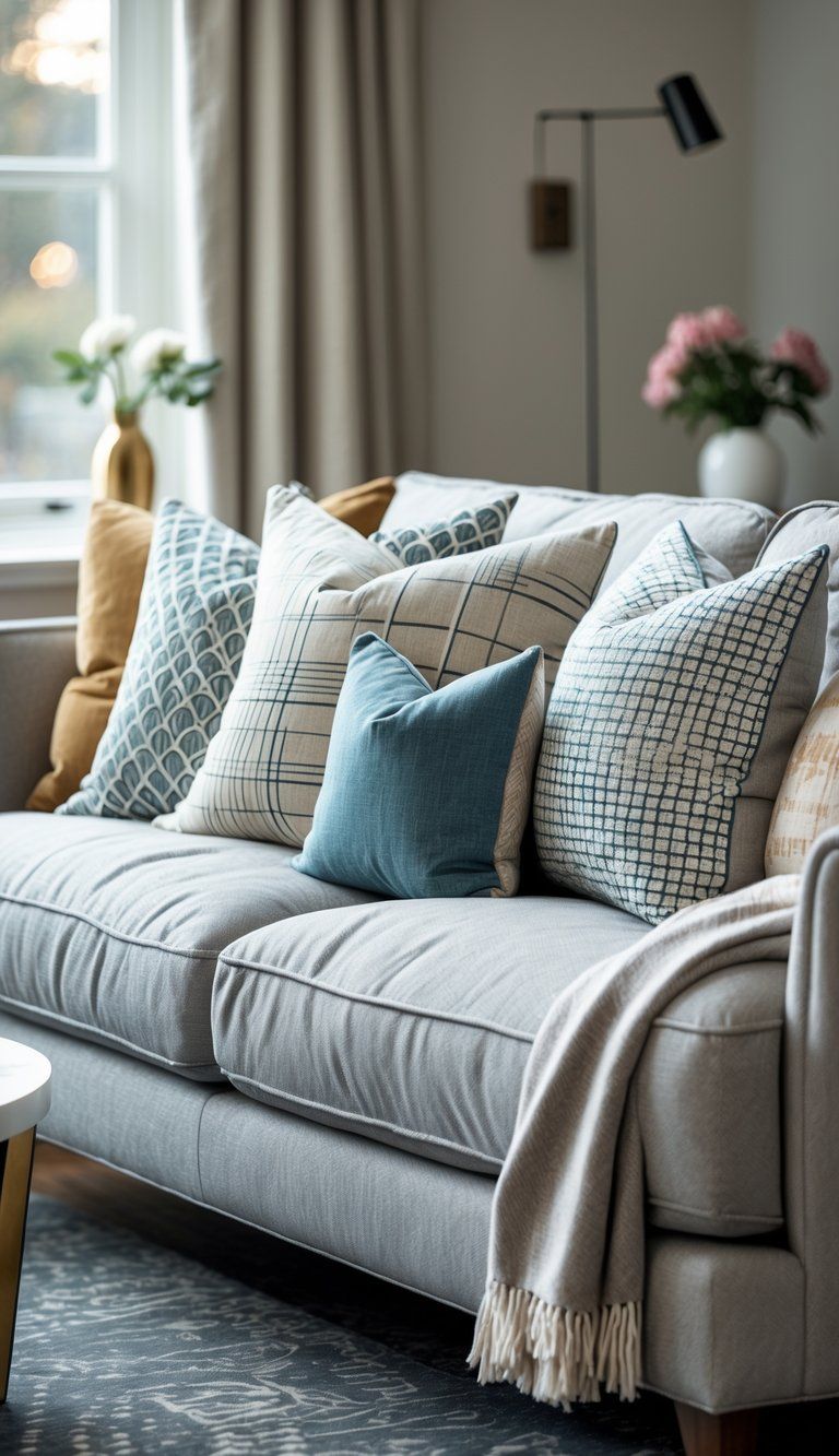 A living room sofa with a variety of decorative pillows arranged neatly, with natural light coming through a nearby window and simple decor elements in the background.