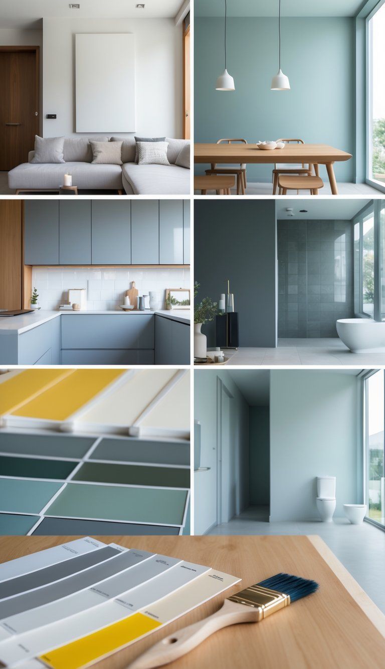 Interior rooms showing different paint finishes on walls and surfaces with paint samples and a brush on a table.