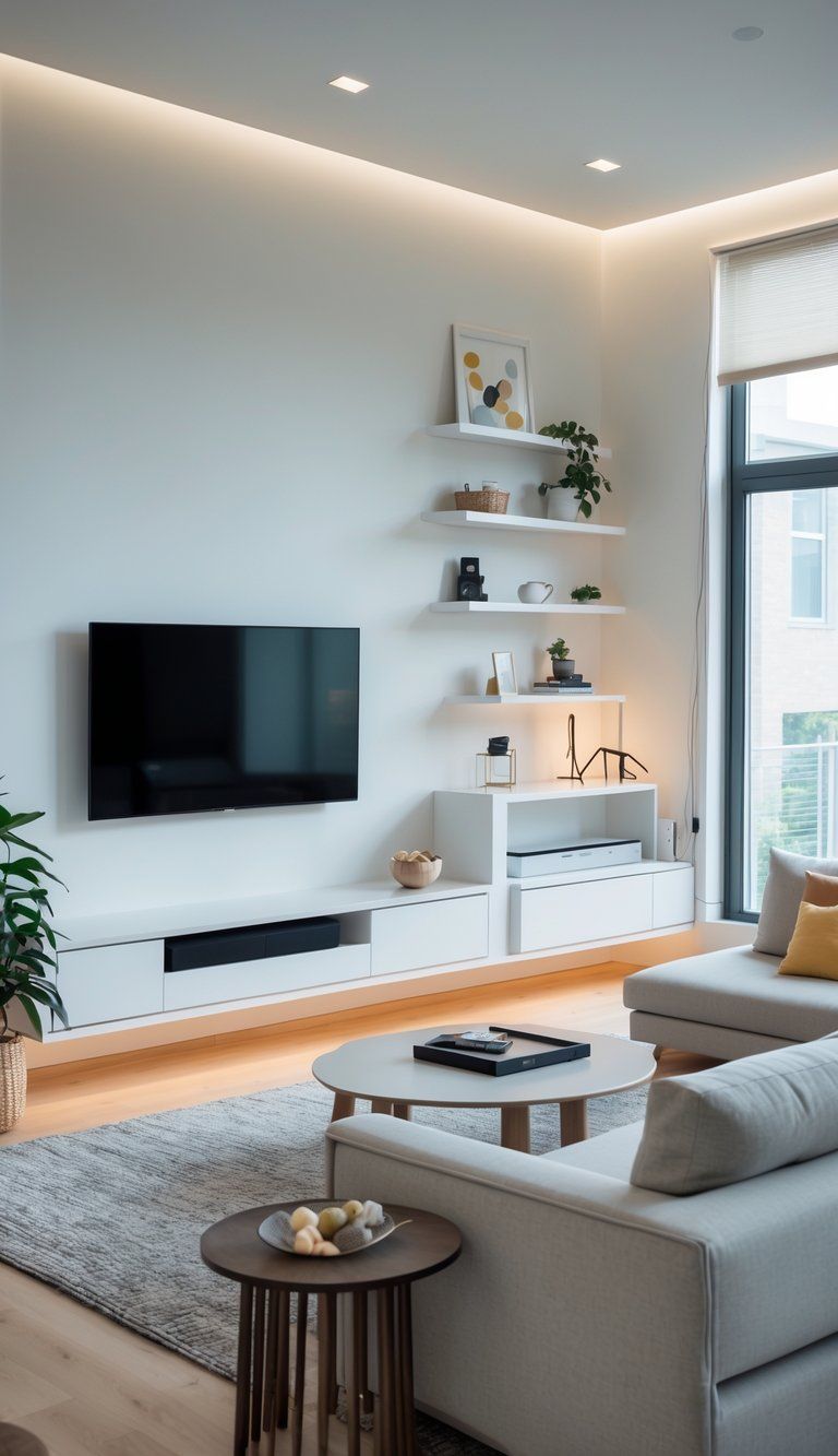 A modern living room with a flat-screen TV mounted on the wall above a media console, surrounded by a sofa, shelves, and large windows letting in natural light.