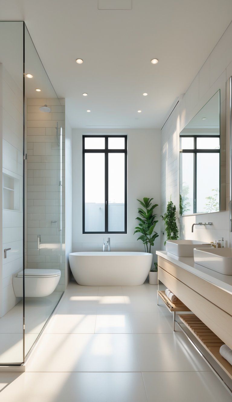 A modern bathroom with a walk-in shower, freestanding bathtub, double vanity, and a separate toilet area, all arranged to show different layout zones.