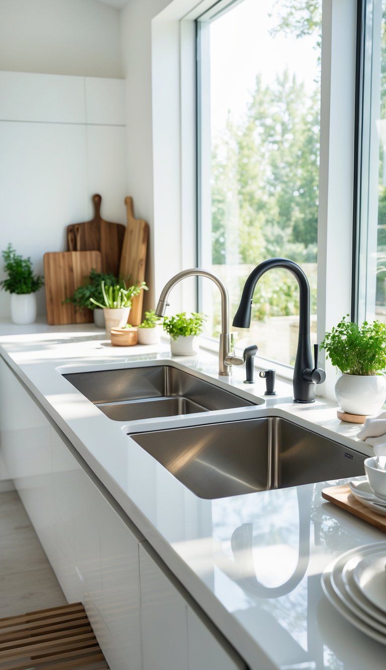 A modern kitchen countertop displaying several different types of kitchen sinks with faucets and kitchen accessories in a bright, clean setting.