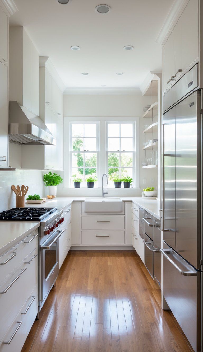 A modern kitchen with a central island, stainless steel appliances, and organized storage, illuminated by natural light from large windows.