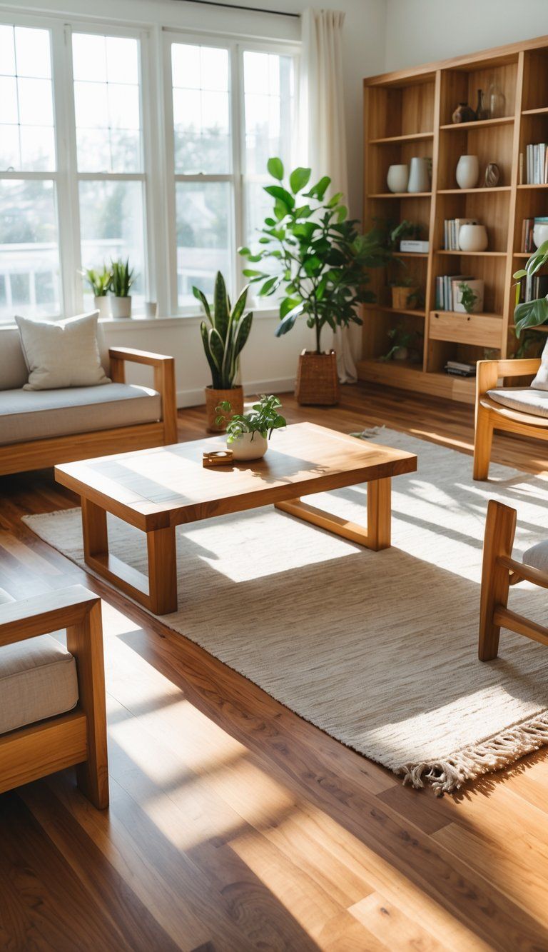 A living room with wooden furniture and hardwood floors, featuring a coffee table, armchair, bookshelf, and natural light from large windows.