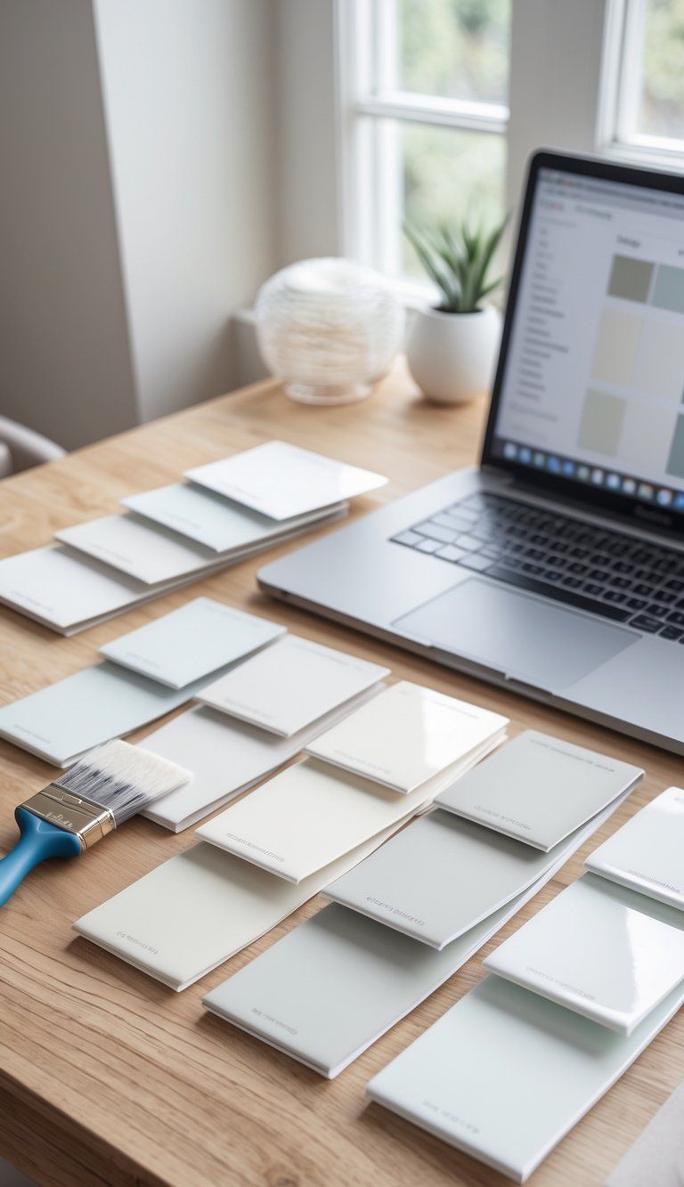 A table with various white paint swatches, a paintbrush, and a laptop in a bright room with natural light.