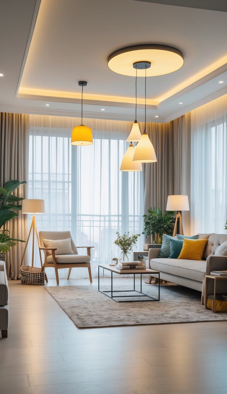 A modern living room with multiple lighting fixtures including ceiling lights, pendant lamps, and floor lamps, with natural light coming through large windows.