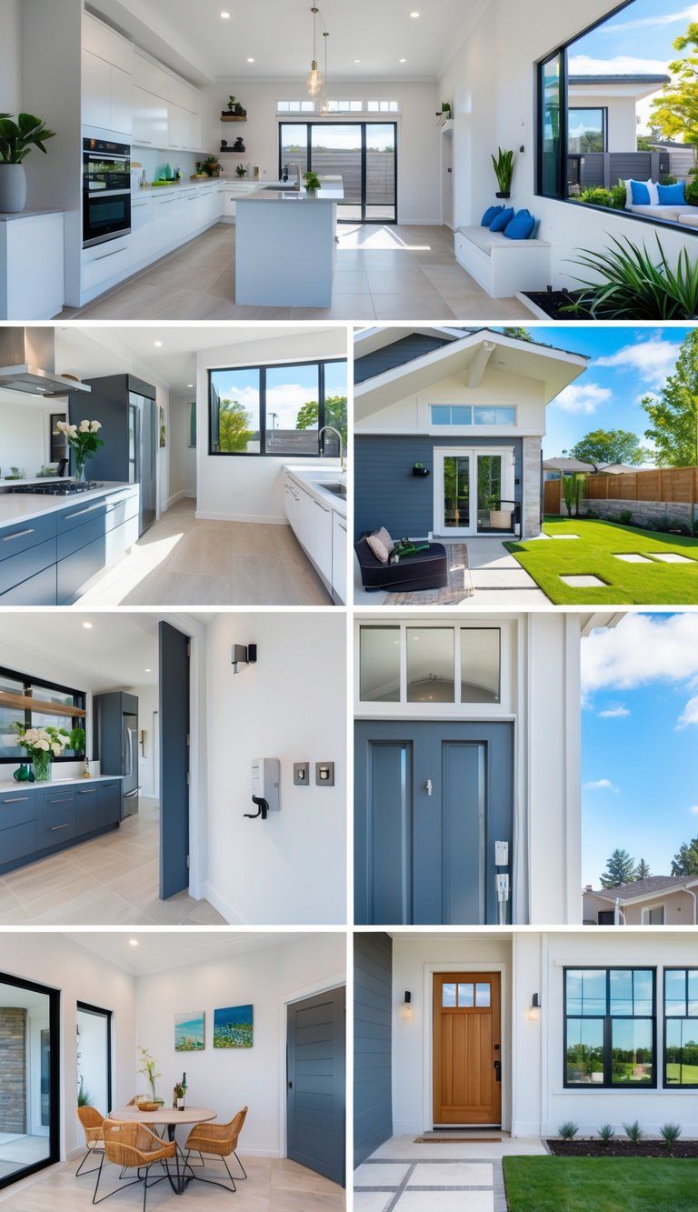 Interior and exterior views of a modern home featuring a renovated kitchen, living room, front door, energy-efficient windows, and landscaped backyard patio.