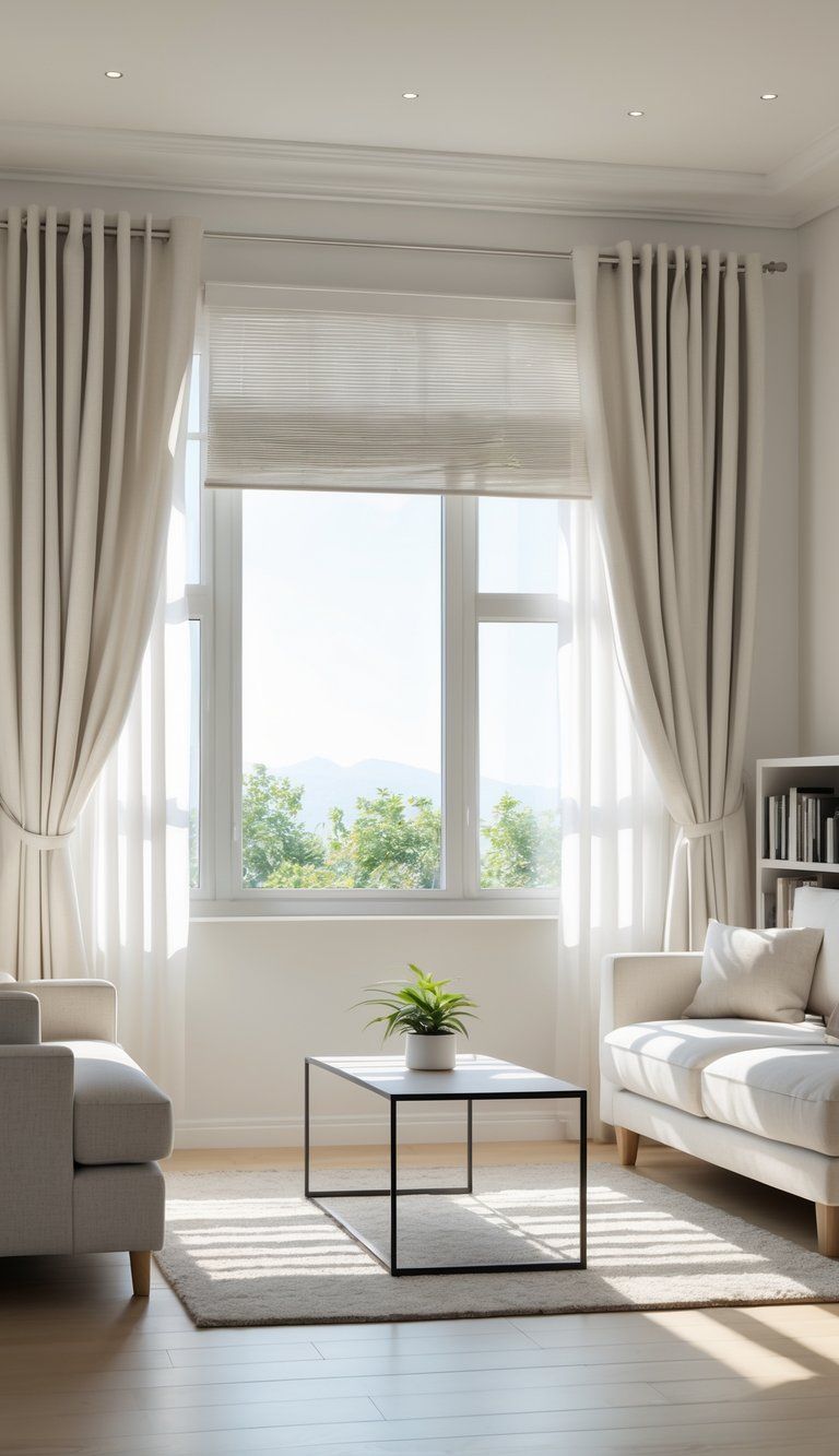 A modern living room with a large window featuring perfectly fitted curtains and blinds letting in natural sunlight.