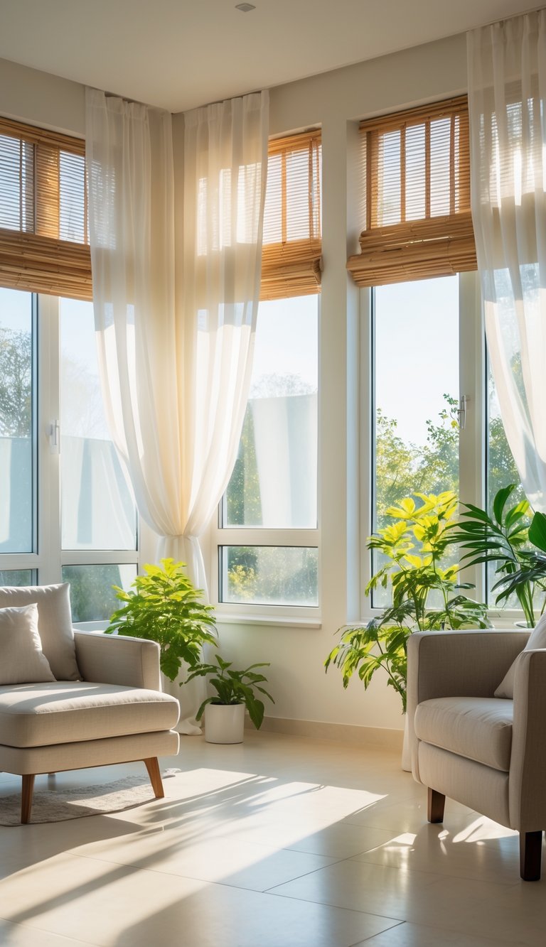 A bright living room with large windows covered by sheer curtains and wooden blinds, sunlight softly illuminating the space with furniture and indoor plants.