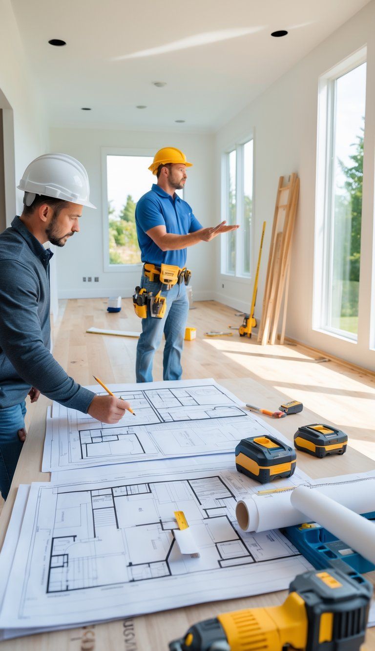 A homeowner and contractor reviewing renovation plans in a partially renovated living room with tools and new flooring.